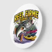 Grande Horloge Ronde Rétro "Reel Firme Fishing Inc" Mur de Bass et Kaya (Angle)