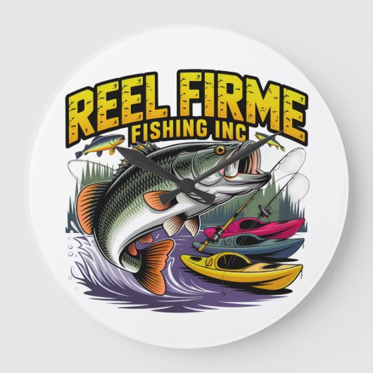 Grande Horloge Ronde Rétro "Reel Firme Fishing Inc" Mur de Bass et Kaya (Recto)