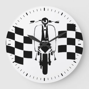 Grande Horloge Ronde Rétro scooter noir et blanc de drapeau de contrô