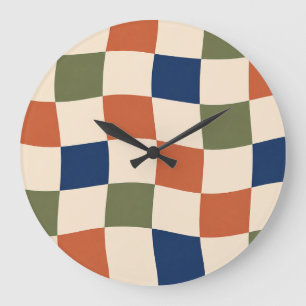 Grande Horloge Ronde Retro Wavy Checkerboard 70s Aesthetic Clock