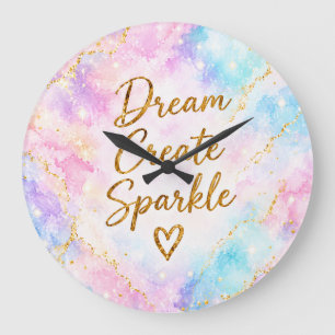 Grande Horloge Ronde Rêve Créer Étincelle Pastel Aquarelle Or Rose