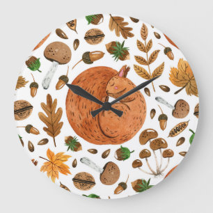Grande Horloge Ronde Rêves d'automne : Aquarelle écureuil paradis