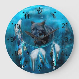 Grande Horloge Ronde Rêveur de loups indiens aux ornements ethniques