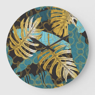 Grande Horloge Ronde Rideau de chaîne d'or, feuilles tropicaux.