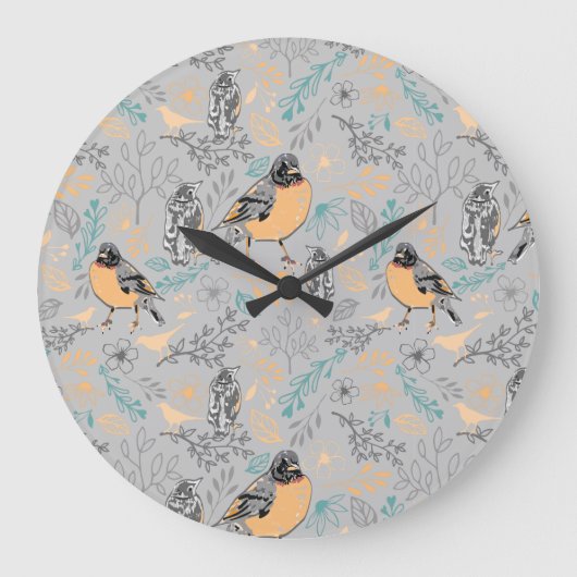 Grande Horloge Ronde Robin Bird Mama et bébé Été Brood avec fleurs (Recto)