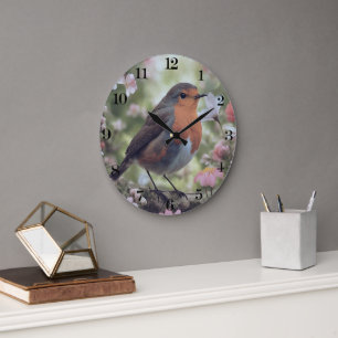 Grande Horloge Ronde Robin Red Breast dans la nature Arbres Et Fleurs