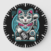 Grande Horloge Ronde Robot Cyberpunk Maneki Neko Chat Lucky, Argent (Recto)