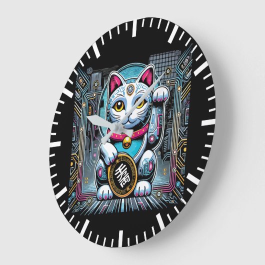 Grande Horloge Ronde Robot Cyberpunk Maneki Neko Chat Lucky, Argent (Angle)
