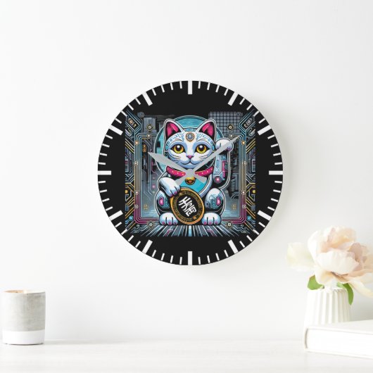 Grande Horloge Ronde Robot Cyberpunk Maneki Neko Chat Lucky, Argent (Maison)
