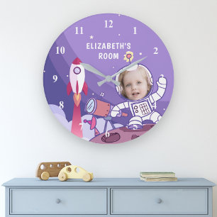 Grande Horloge Ronde Rocket Astronaut Space Suit Custom Photo Kids Room