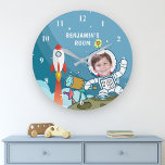 Grande Horloge Ronde Rocket Astronaut Space Suit Custom Photo Kids Room<br><div class="desc">Personalize this cute wall clock with your child's name and photo to create your own unique custom boys room clock.</div>