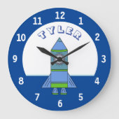 Grande Horloge Ronde Rocket Ship Drawing Space Nom de l'enfant (Recto)