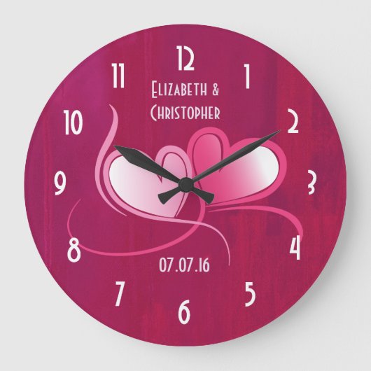 Grande Horloge Ronde Romantique 2 Coeurs Mariage Date Keepsaké (Recto)