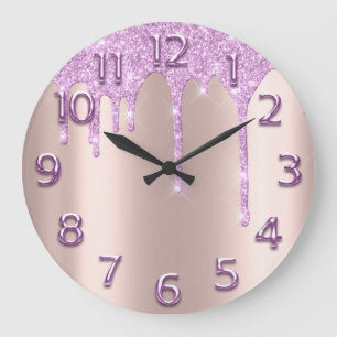 Grande Horloge Ronde Rose Arabic NumberElegant Drips Rose Glitter