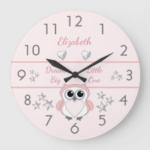 Grande Horloge Ronde Rose avec étoiles d'argent et nom
