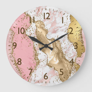 Grande Horloge Ronde Rose & Blanc & Paillettes de Faux Or Agate Monogra
