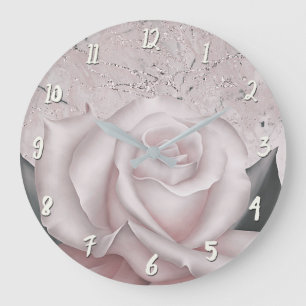 Grande Horloge Ronde Rose Blanche Glamour Moderne Marbre Shabby Chic