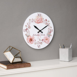 Grande Horloge Ronde Rose d'aquarelle Wreath personnalisée   BLANCHE