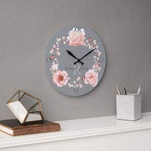 Grande Horloge Ronde Rose d'aquarelle Wreath personnalisée   Gray