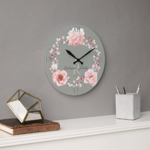 Grande Horloge Ronde Rose d'aquarelle Wreath personnalisée   Vert sage