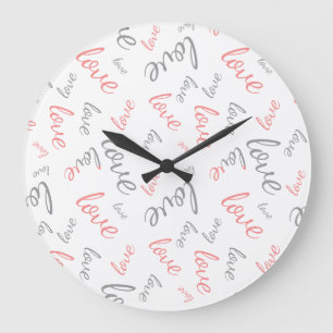 Grande Horloge Ronde Rose et Gris Romantiques Amour Écriture Cursive