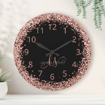 Grande Horloge Ronde Rose Gold Blush Pink Glitter Glam Monogram Name<br><div class="desc">Glam Rose Gold Glitter Elegant Monogram Clock. Easily personalize this trendy chic clock design featuring elegant rose gold sparkling glitter on a black background. The design features your handwritten script monogram with pretty swirls and your name.</div>