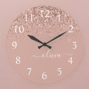 Grande Horloge Ronde Rose Gold Blush Pink Glitter Script Monogram Girly