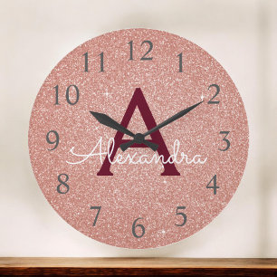 Grande Horloge Ronde Rose Gold Burgundy Sparkle Parties scintillant Nom