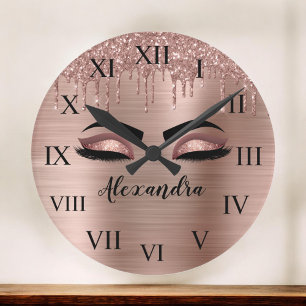 Grande Horloge Ronde Rose Gold Glitter Sparkle Eyelashes Monogram Name
