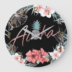 Grande Horloge Ronde Rose Gold Tropicale Ananas Botanique Aloha Chic
