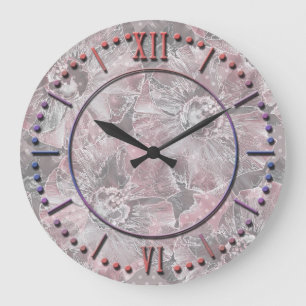 Grande Horloge Ronde rose, gris, élégant, grand, fleurs, roses,