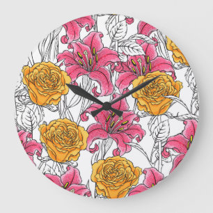 Grande Horloge Ronde Rose Lilies main tiré Motif