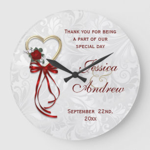 Grande Horloge Ronde Rose Romantique, Cœur d'Or et Ruban Rouge