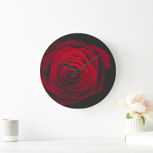 Grande Horloge Ronde Rose rouge sur fond noir effet vintage