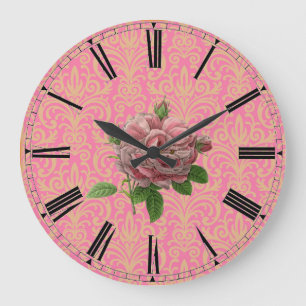 Grande Horloge Ronde Rose vintage sur Pink Gold Damask