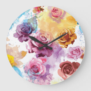 Grande Horloge Ronde Roses aquarelle