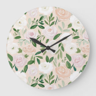 Grande Horloge Ronde Roses aquarelles roses et verdure botanique