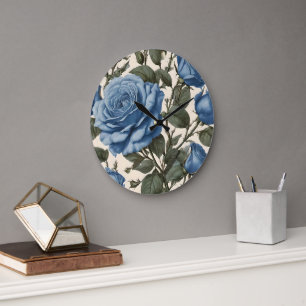 Grande Horloge Ronde Roses Bleus Et Feuilles Verts,