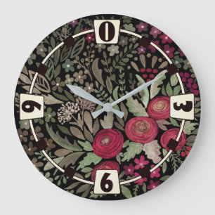 Grande Horloge Ronde Roses d'aquarelle sur un arrière - plan noir, aqua