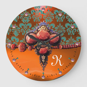 GRANDE HORLOGE RONDE ROSES DE CORAIL ROUGE, MONOGRAMME D'ORANGE BLEU