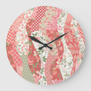 Grande Horloge Ronde Roses de Patchwork : conception motif transparente