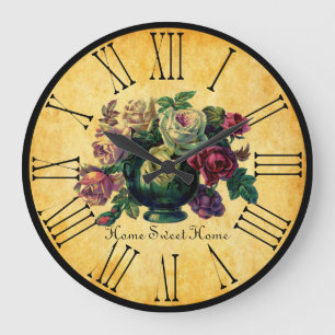 Grande Horloge Ronde Roses Françaises Vintage d'Aspect Antique