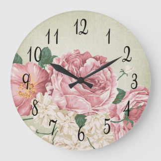 Grande Horloge Ronde Roses roses et blancs romantiques