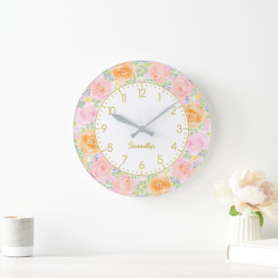 Grande Horloge Ronde Roses roses roses Aquarelle Florale fantaisie