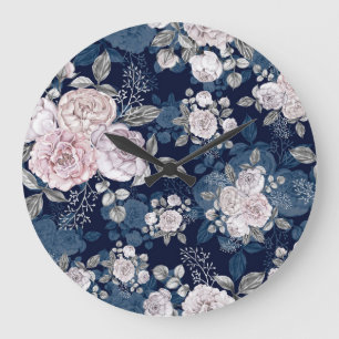Grande Horloge Ronde Roses roses roses Bleu foncé : Vintage