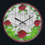 Grande Horloge Ronde Roses rouges<br><div class="desc">Beautiful red roses in bloom with green foliage and vines in a Tiffany stained glass style on transparent background. Crédit: http://scrappingdesignsbynik.com</div>