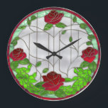 Grande Horloge Ronde Roses rouges<br><div class="desc">Beautiful red roses in bloom with green foliage and vines in a Tiffany stained glass style on transparent background. Crédit: http://scrappingdesignsbynik.com</div>