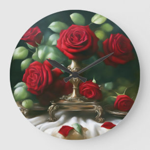 Grande Horloge Ronde Roses rouges florales vintages
