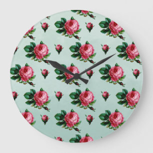 Grande Horloge Ronde Roses vintages de choux roses