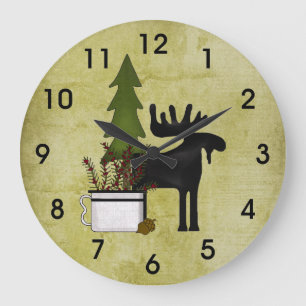 Grande Horloge Ronde Rostic Country Mountain Silhouette Moose